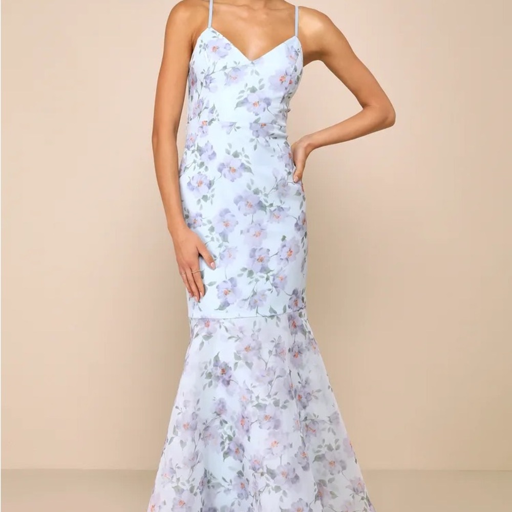 Lulus Pure Splendor Light Blue Floral Organza Trumpet Maxi Dress